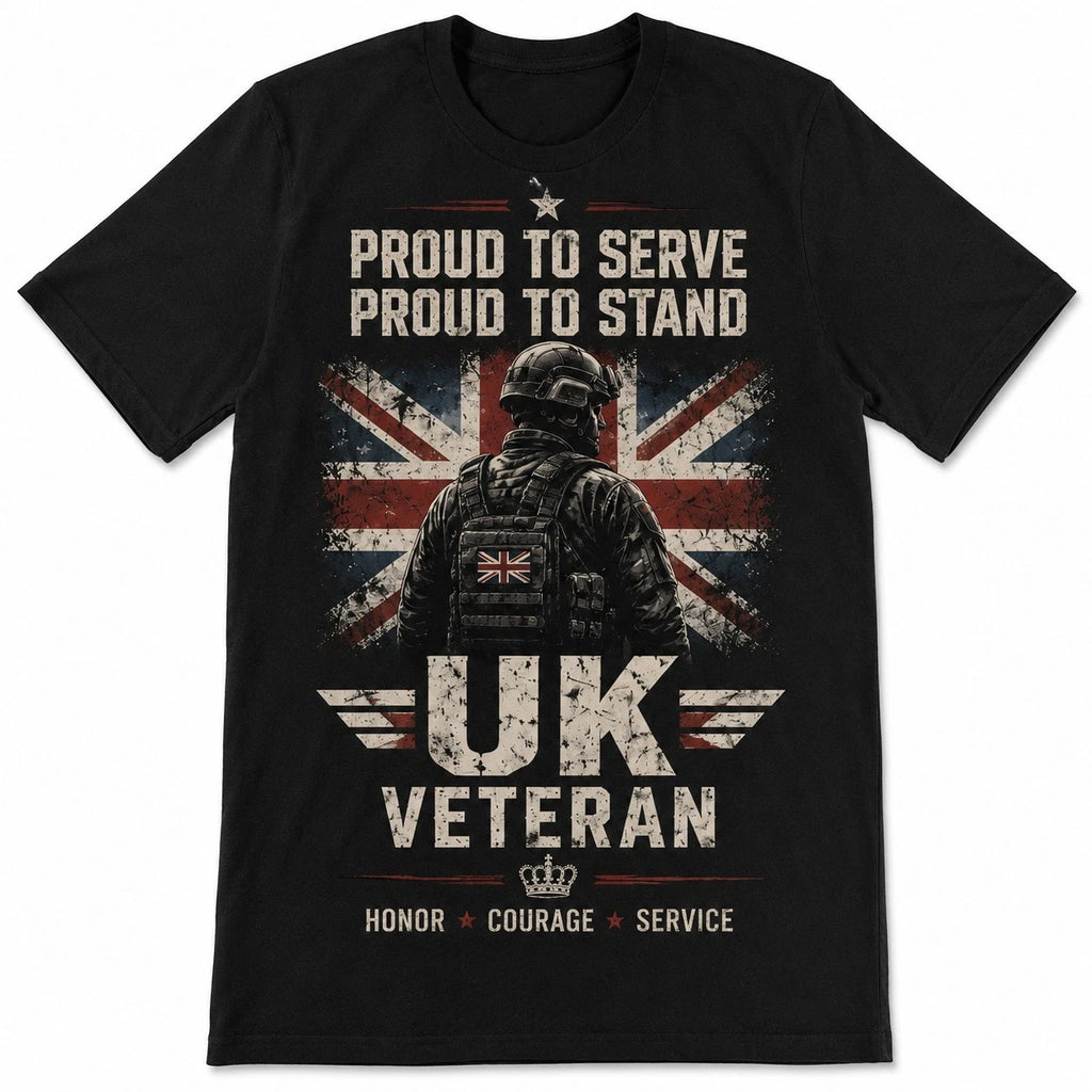 UK Veteran T-Shirt Proud To Serve British Military Soldier Union Jack Tee