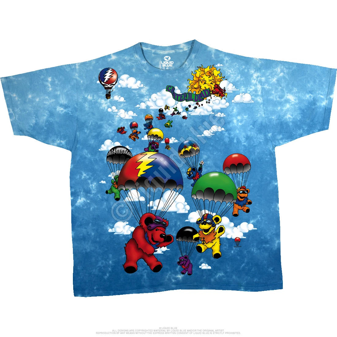 GRATEFUL DEAD-PARACHUTING BEARS-2 SIDED TIE DYE T-SHIRT S-M-L-XL-2X Garcia,Wier