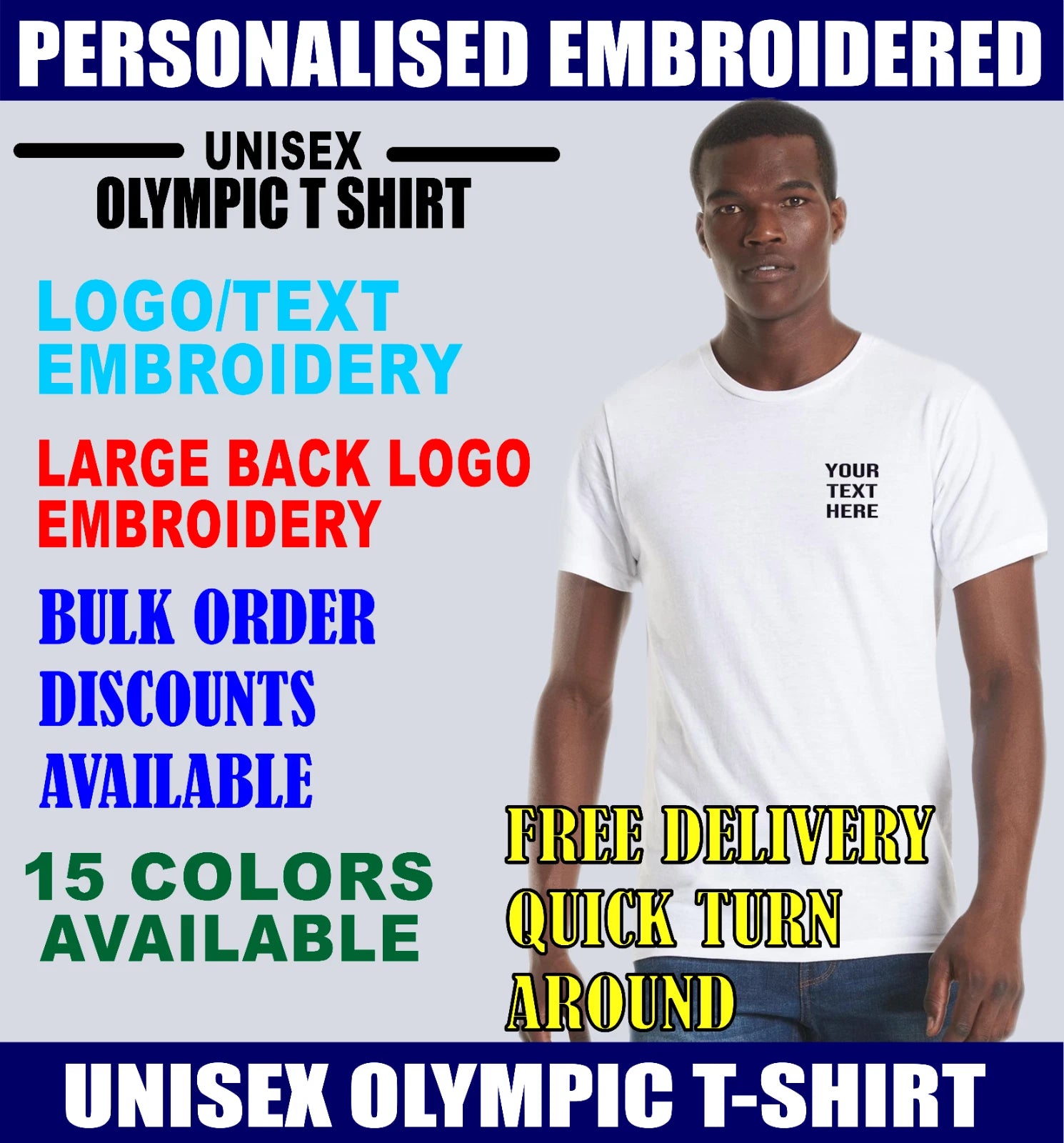 Personalised Text Embroidered Uneek UC320 Unisex Adults Olympic T Shirt