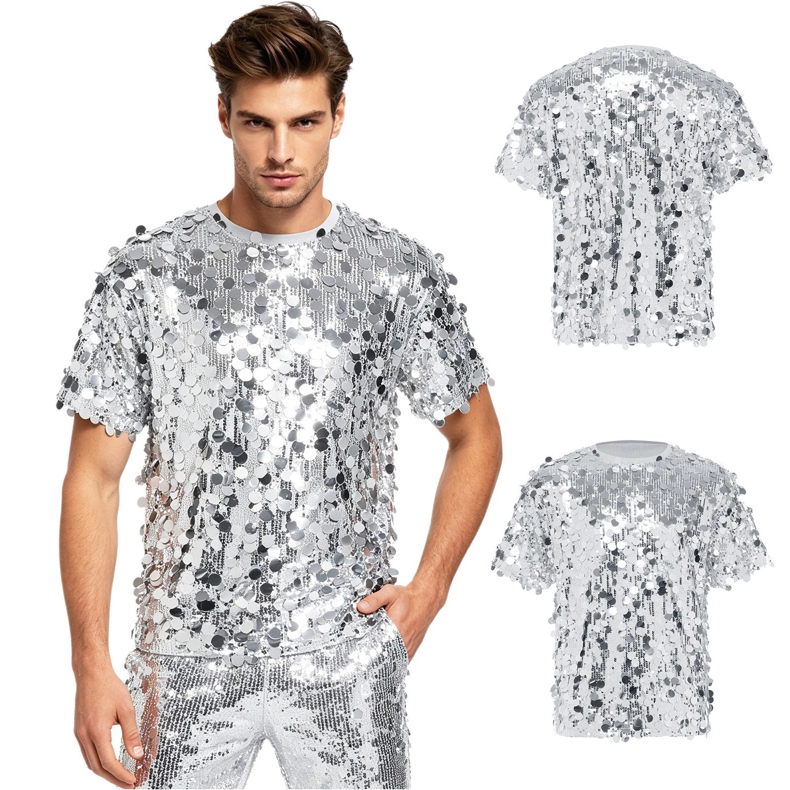 Men T-shirt Clubwear Dance Top Daily Wear Tee Crew Neck Glitter Dates Allover