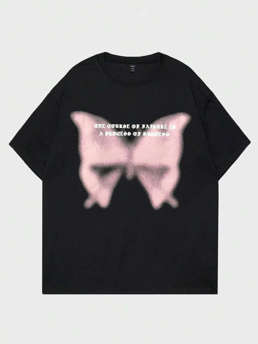 Street Life Men Cotton Butterfly Graphic Y2K T-Shirt – Slogan Print Casual Tee