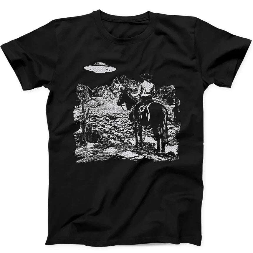 Cowboy UFO Western Weird Best Seller Funny Gift Black Tee T Shirt 334