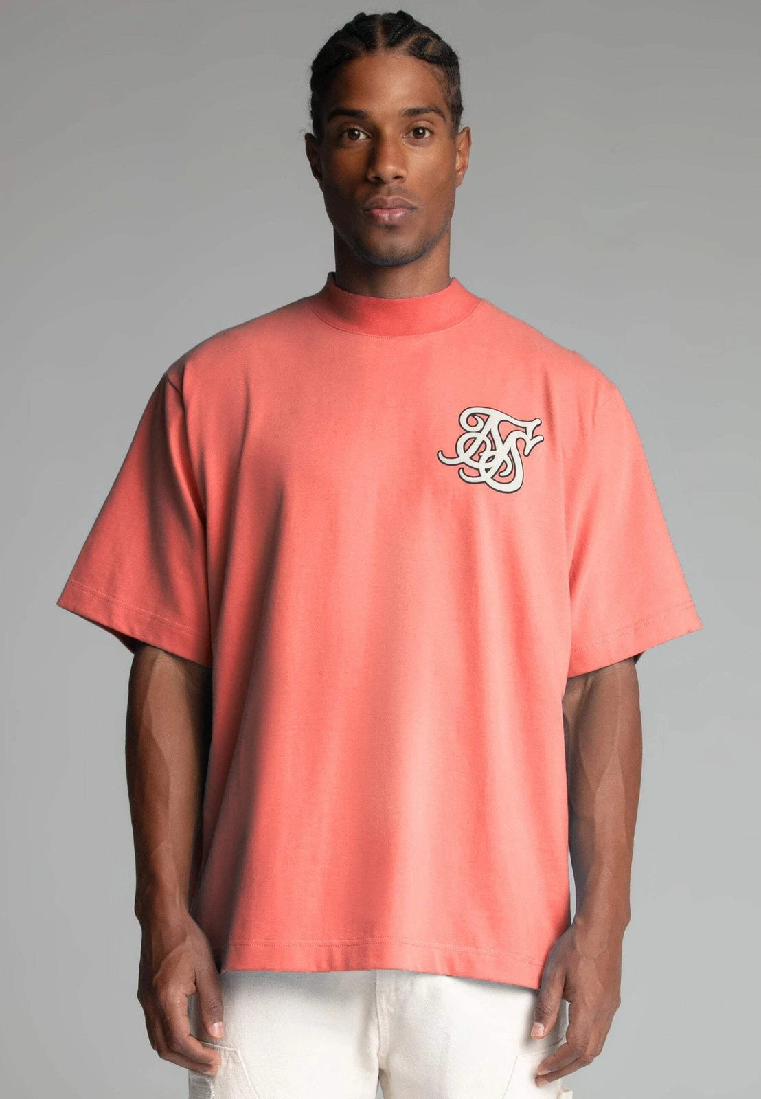 SikSilk Men's Oversized Drop Shoulder Crew Neck Logo T-Shirt Tee Pink