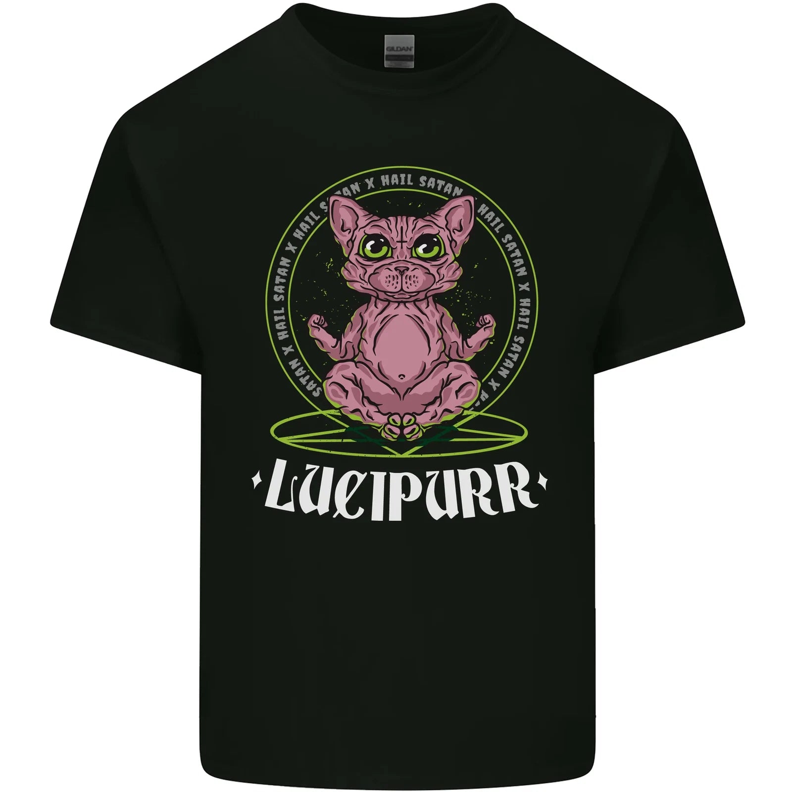 Lucipurr Demonic Hail Satan Cat Evil Mens Cotton T-Shirt Tee Top