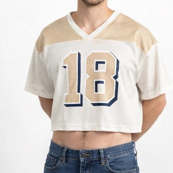 Cropped Mesh Jersey Top Beige White 18 V Neck Y2K Streetwear Unisex