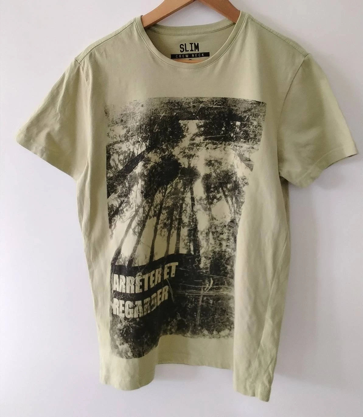 Men’s Slim Crew Neck Graphic T Shirt Palm Tree Print Beige Casual Size M
