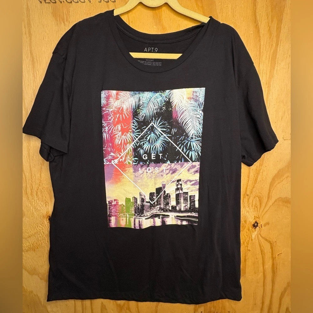 Mens Graphic T Shirt XXL Black Palm Tree City Skyline Tropical Tee