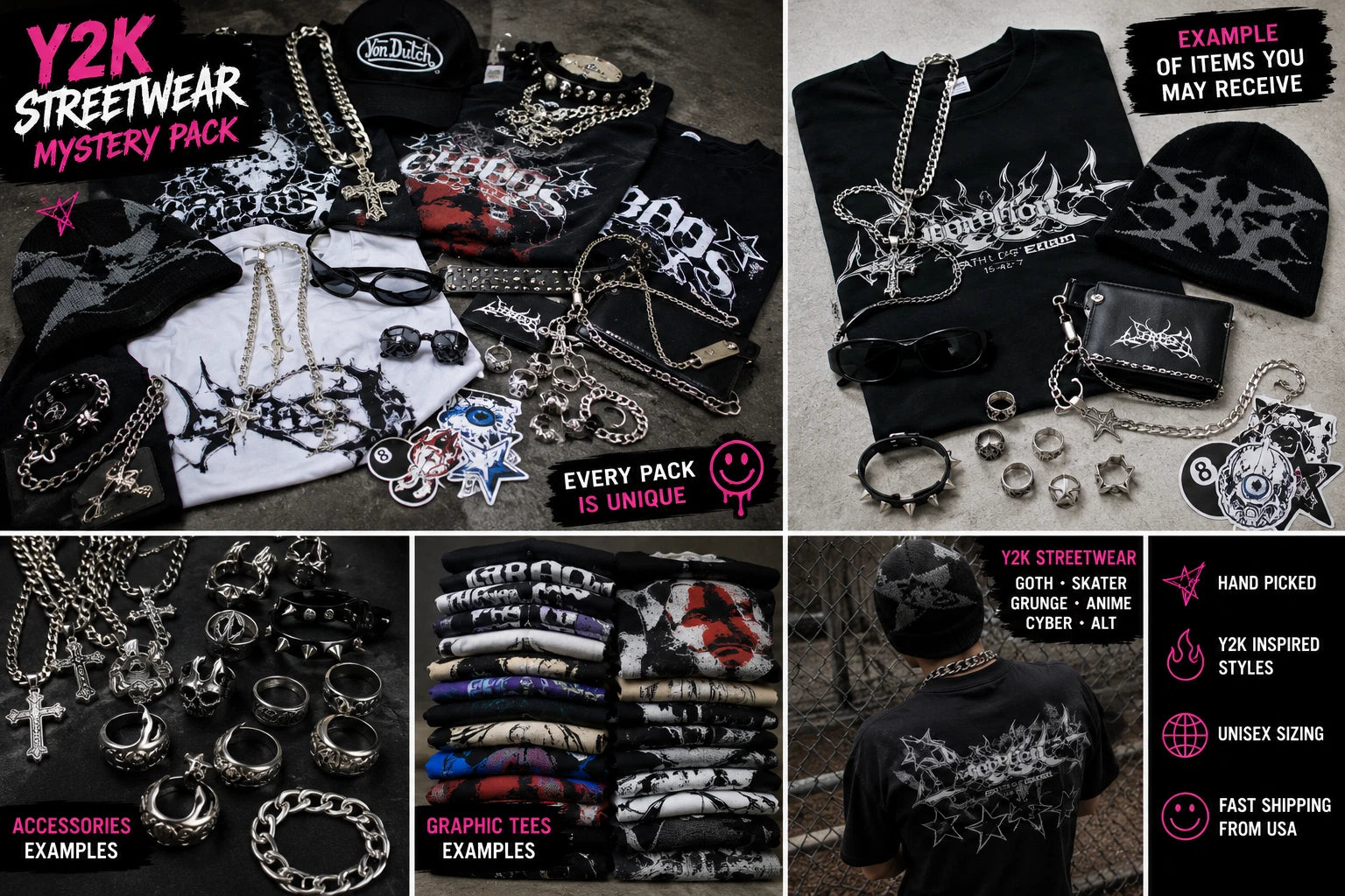 Y2K Streetwear Mystery Box Graphic Tee + Accessories Surprise Pack Goth Skater