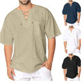 V Neck Tunic Lace Up Mens Short Sleeve Cotton Linen Tops Casual Loose Fashion