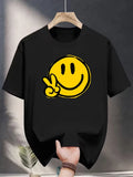 Men's Smiley Face Graphic T-Shirt Black Yellow Casual Short Sleeve Crew Neck