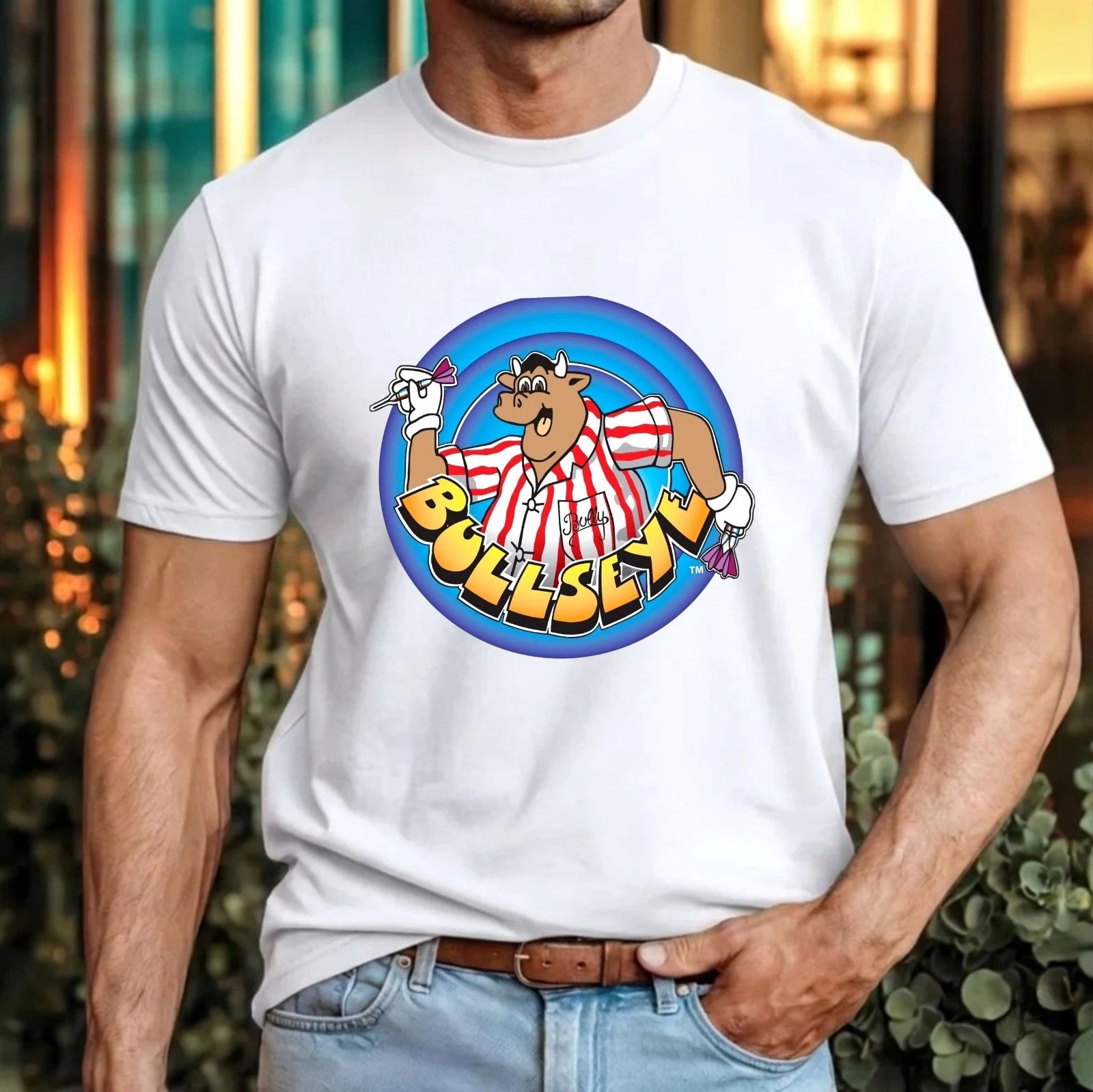 Bullseye Cartoon Bull Target T-Shirt Retro Dartboard Mascot Vintage Gift Tee Top