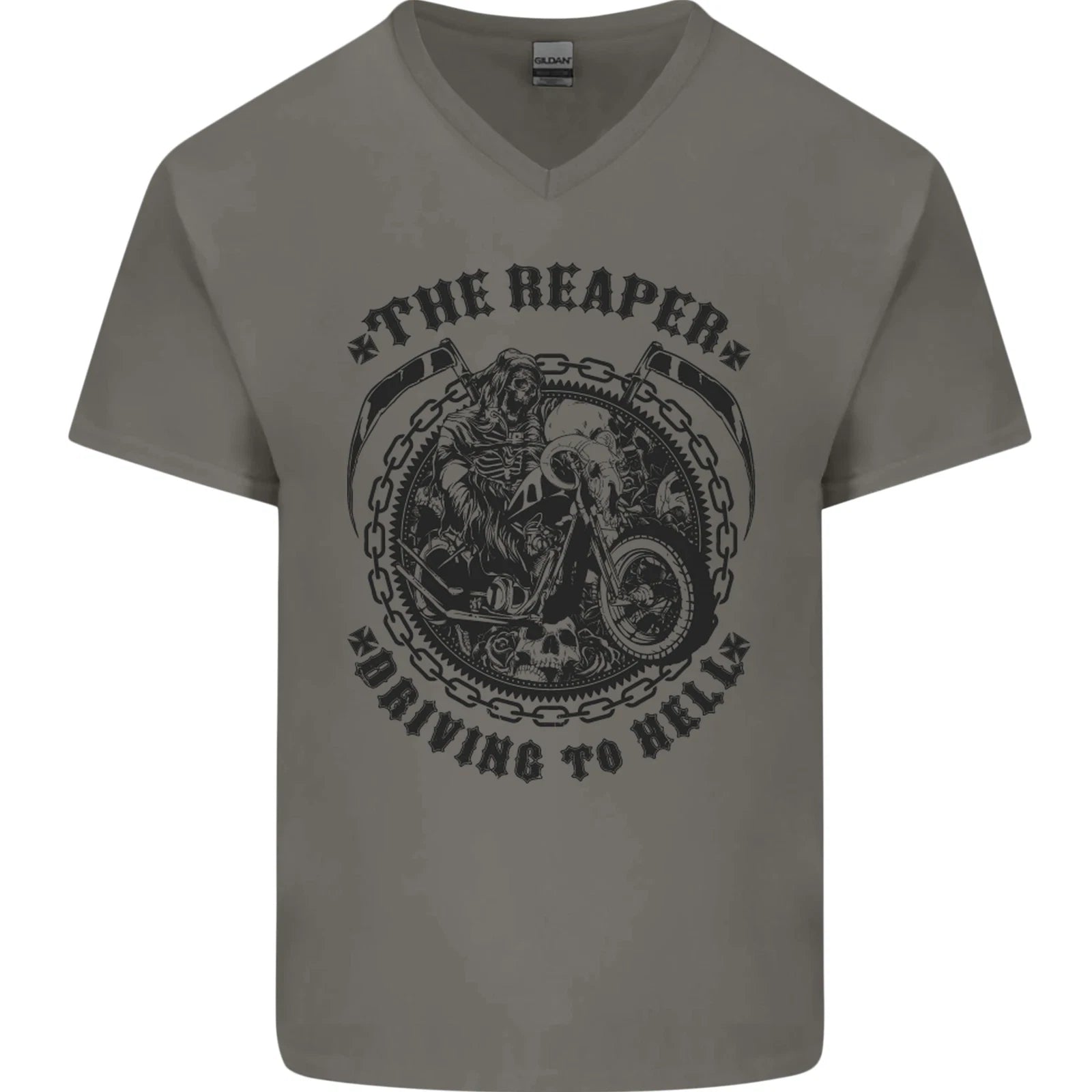 Grim Reaper Motorbike Motorcycle Biker Mens V-Neck Cotton T-Shirt