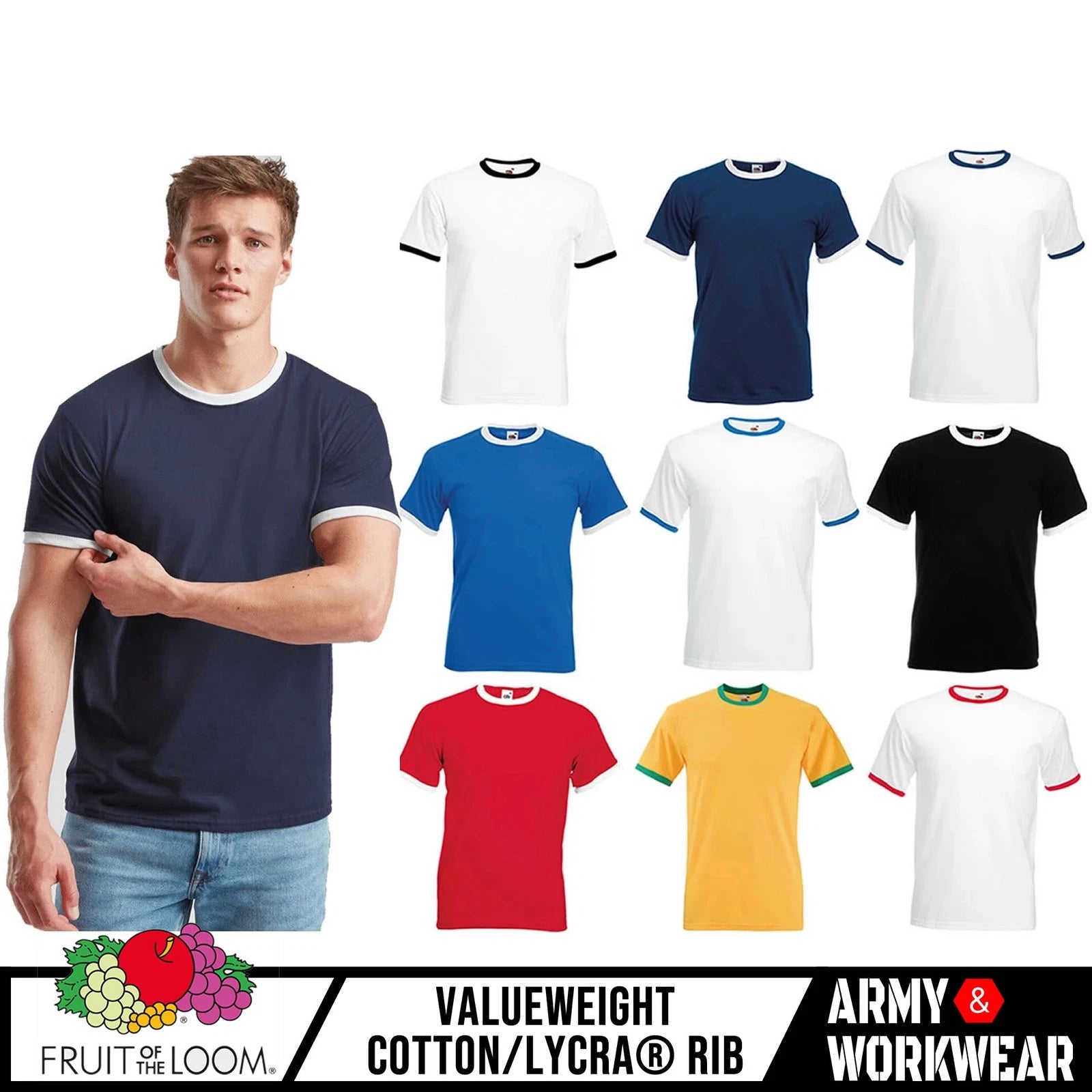 Mens Contrast Ringer T-Shirt, Fruit of the Loom Short Sleeve Two Tone Sports