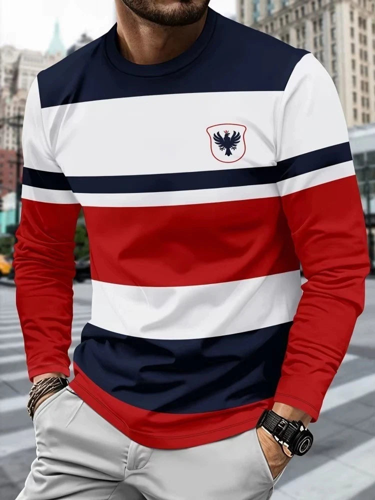 2026 Mens Casual Long Sleeve Striped T Shirt Eagle Logo Breathable Crew Neck