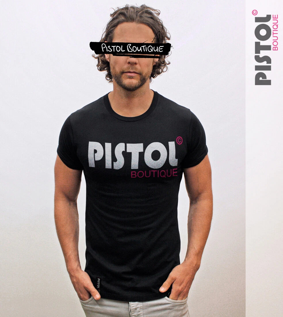 Pistol Boutique Herren Slim Fit Schwarzes T-Shirt Rundhalsausschnitt Logo
