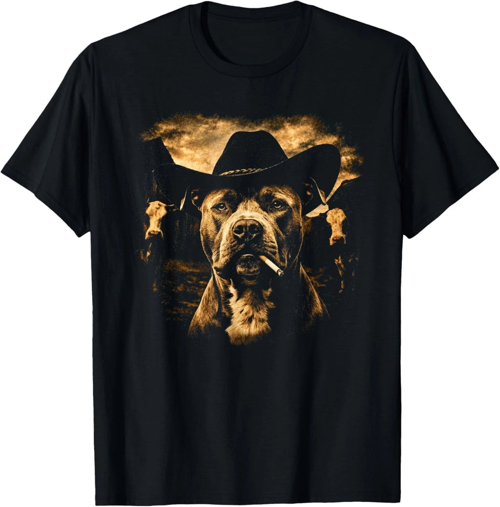 Pit Bull Western Graphic Cowboy Dog Smoking T-Shirt