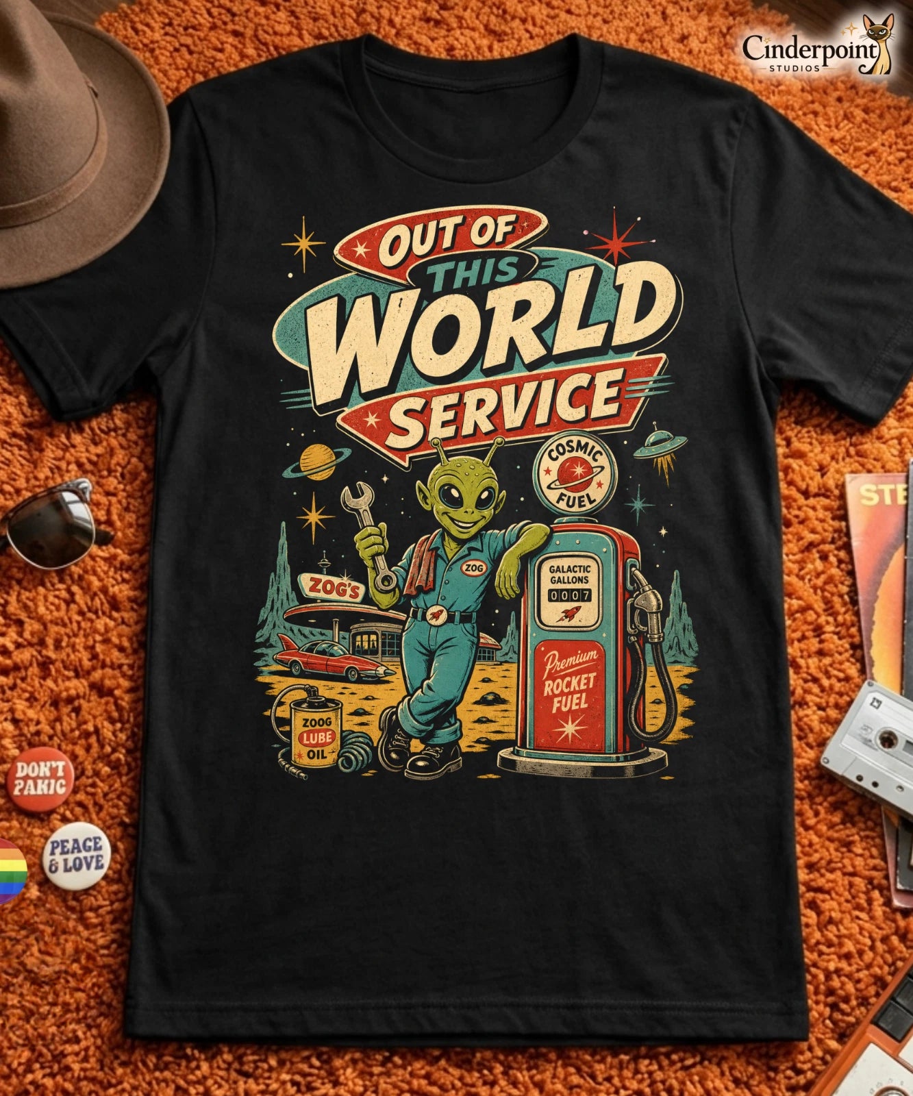 Out of This World Service T-Shirt Alien Mechanic Kustom Kulture Gas Tee XS-5XL