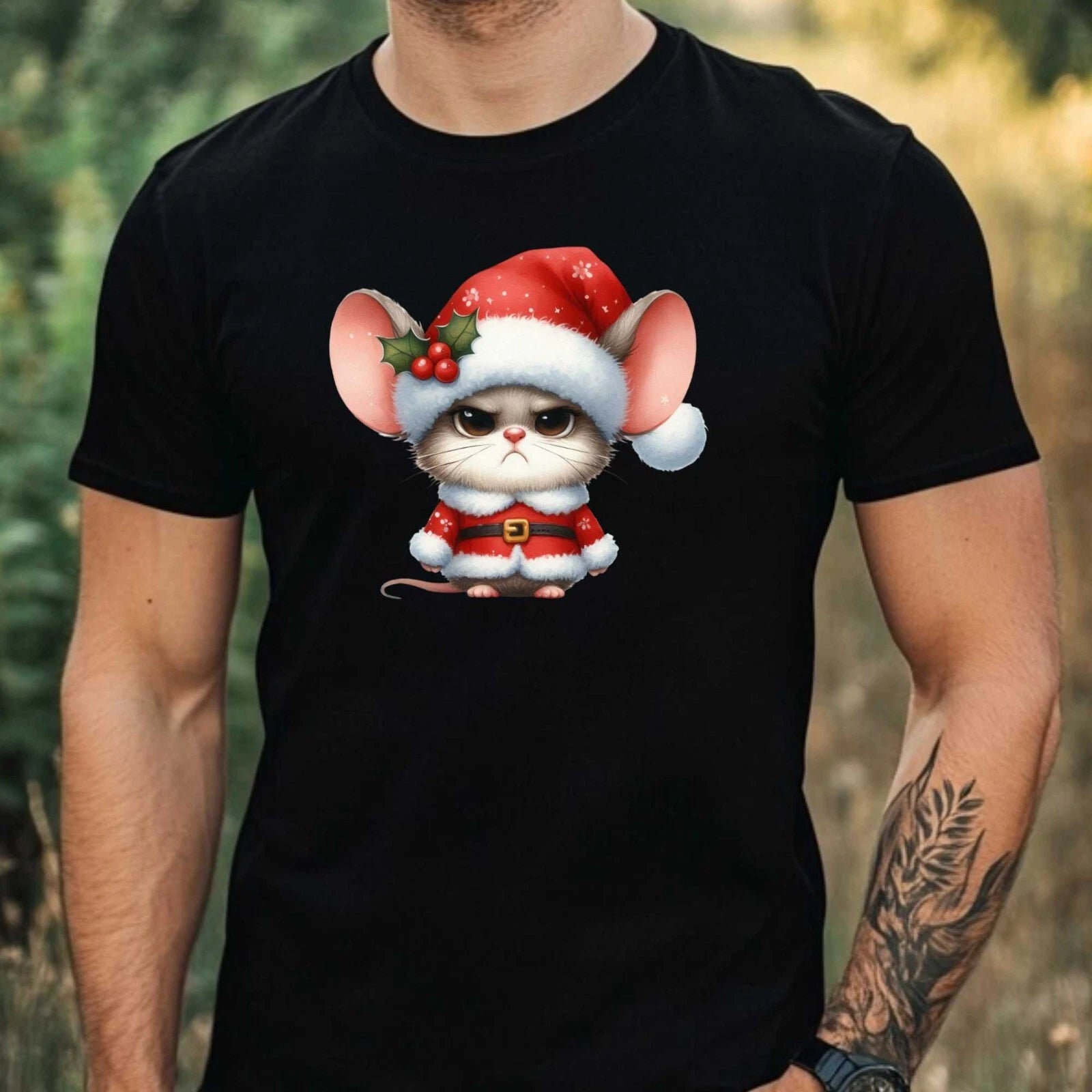 Mens Christmas Mouse Print Cotton T-Shirt Size XS to 5XL