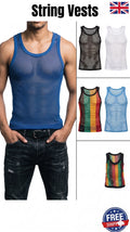 Mens String summer mesh vest top 100% cotton fishnet fitted breathable Tank Gym