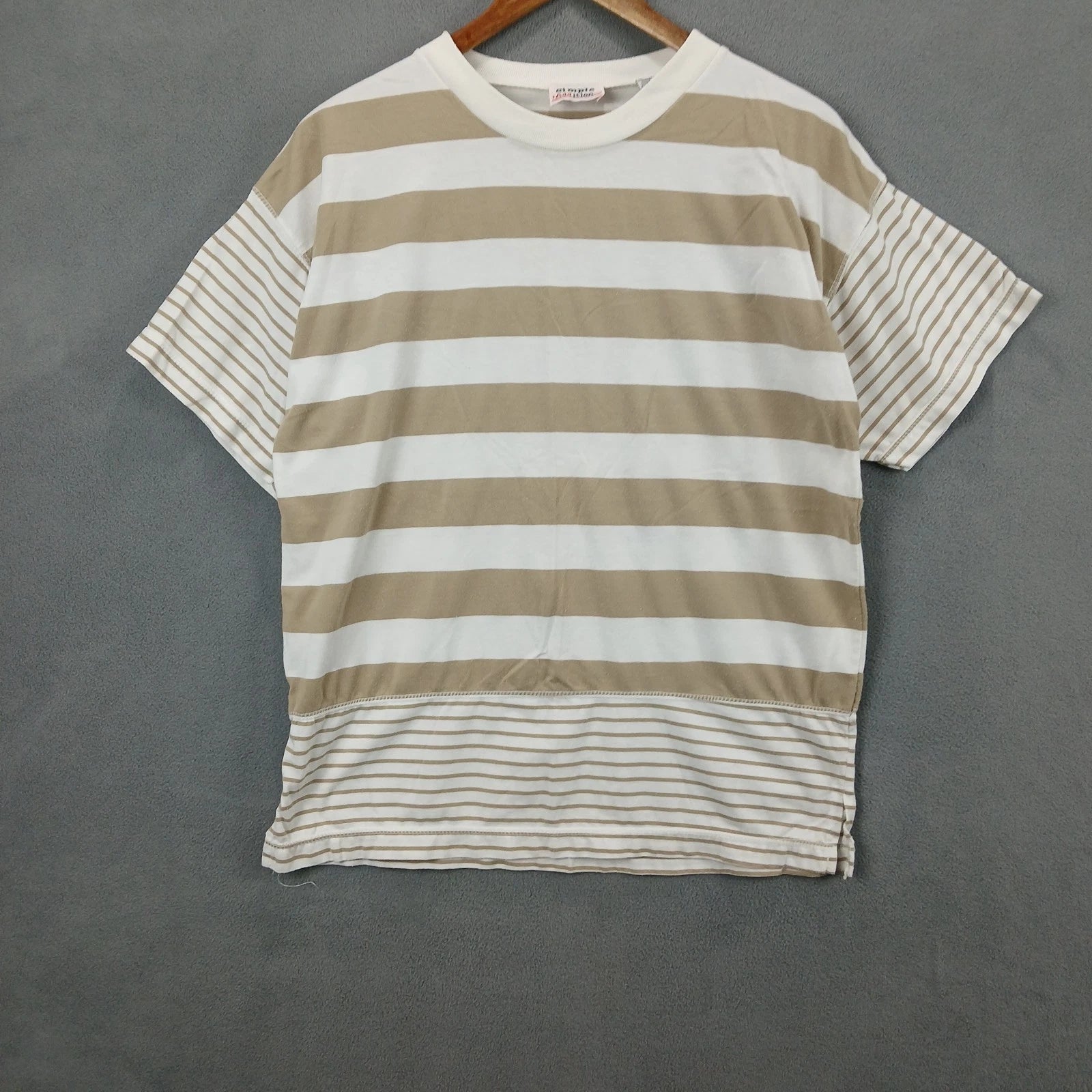 Simple Addition T-Shirt Mens Medium White Brown Striped Casual Short Sleeve