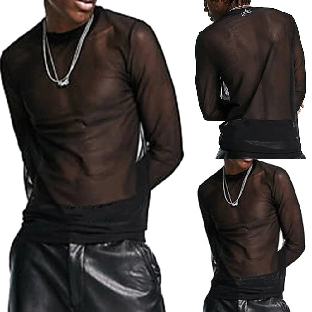 Stylish Mens See Through Long Sleeve Mesh T Shirts Muscles Sports Tops