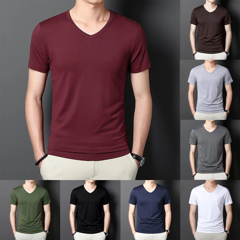Men V Neck T-Shirt Casual Wear 80%Polyester 20%Spandex V Neck Slim Fit