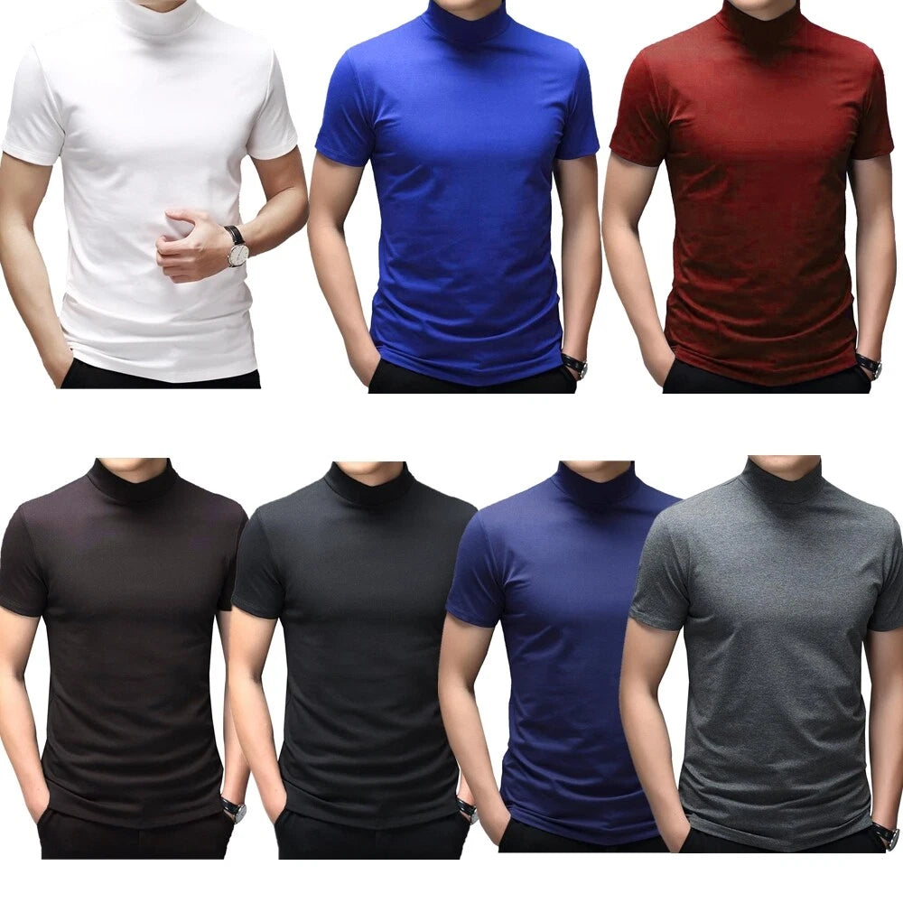 Mens Mock Turtleneck T-shirt Pullover Short Sleeve Solid Slim Fit Top Undershirt