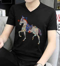 New Men Luxury V-Neck Horse Rhinestones Fashion Black T-Shirt High Quality