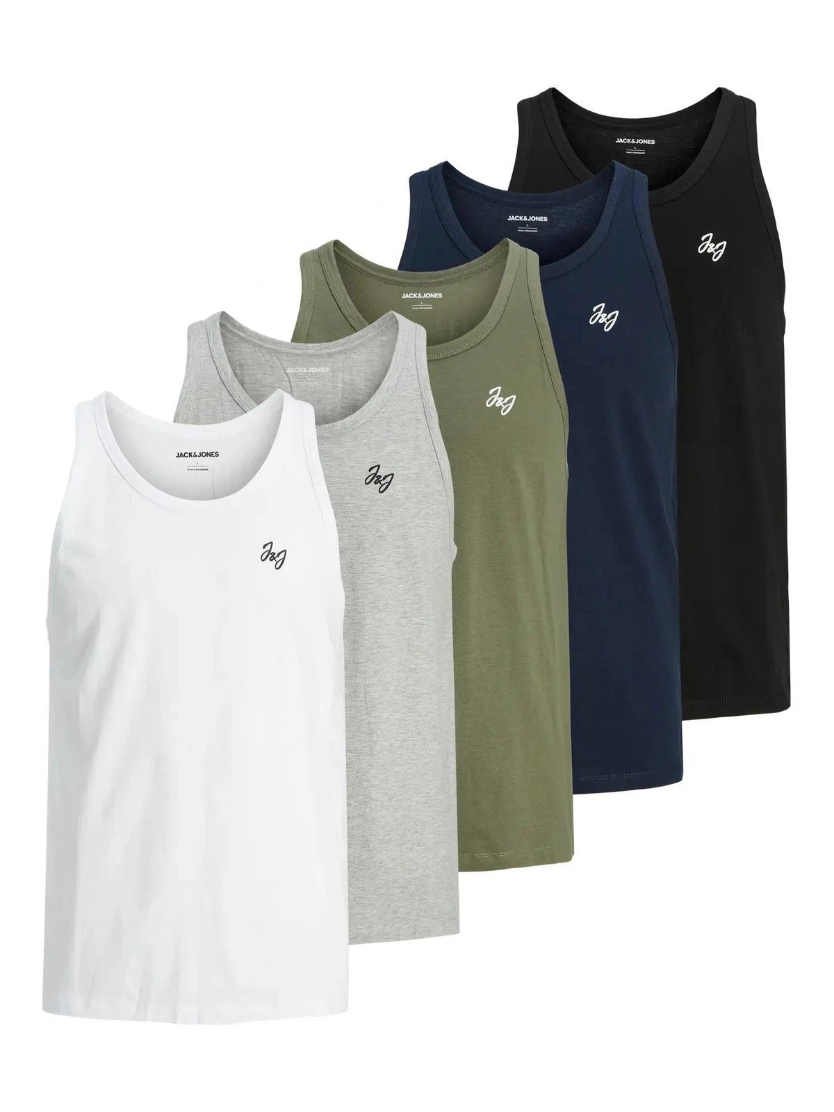 Jack & Jones 5 Pack Mens Sleeveless Vest Casual Crew Neck Summer Tank Tops