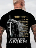 Men's Christian T-Shirt The Devil Saw Me Knight Amen Graphic Tee Black Cotton