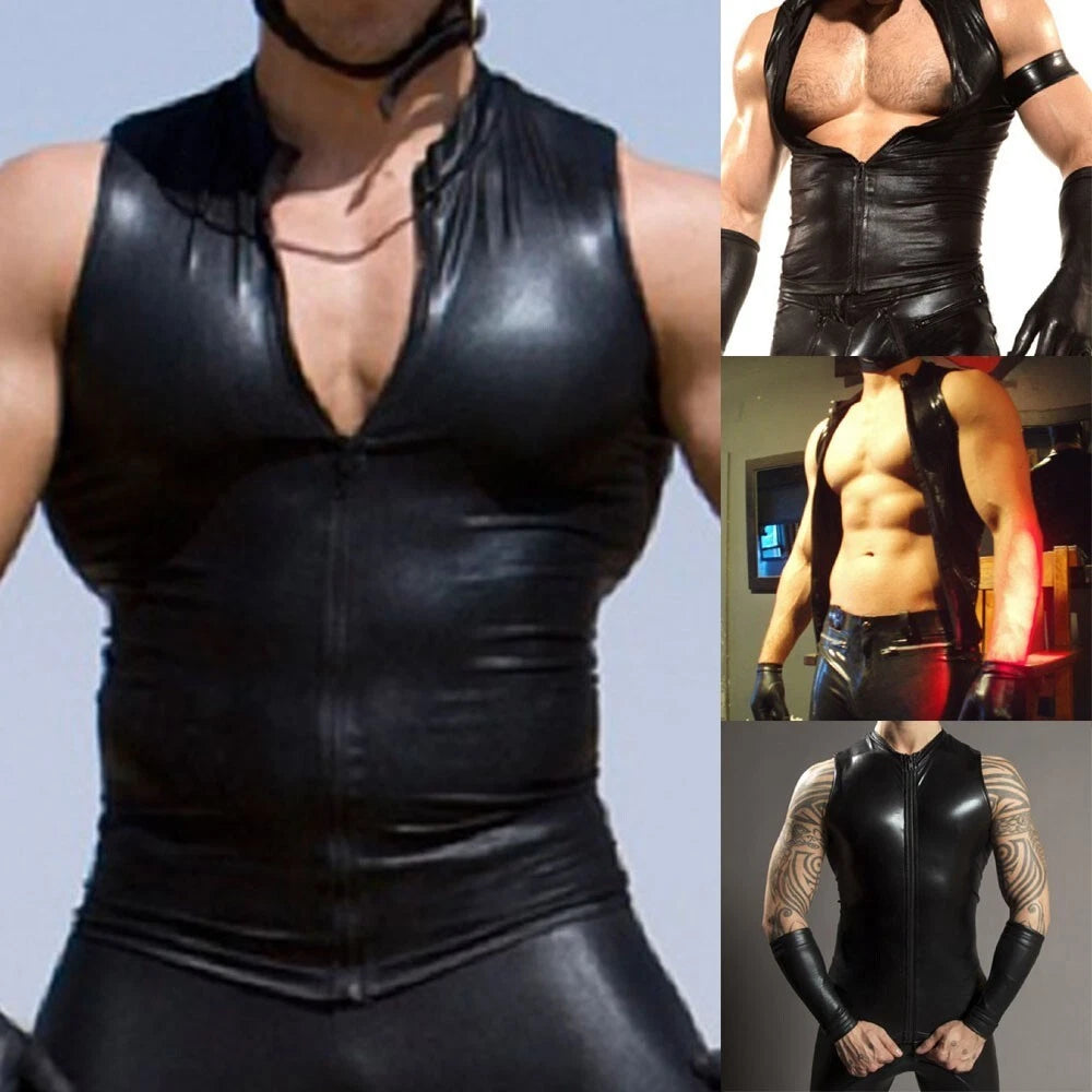 Stylish Mens PU Leather Shiny Sleeveless Zip Tshirt for Stage Clubwear
