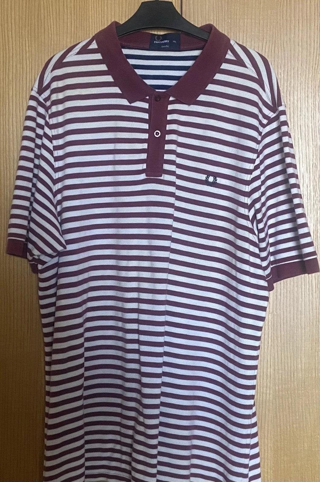 Classic “FRED PERRY“ Burgundy Cream Striped Polo T Shirt Size XXL Slim Fit 46/48