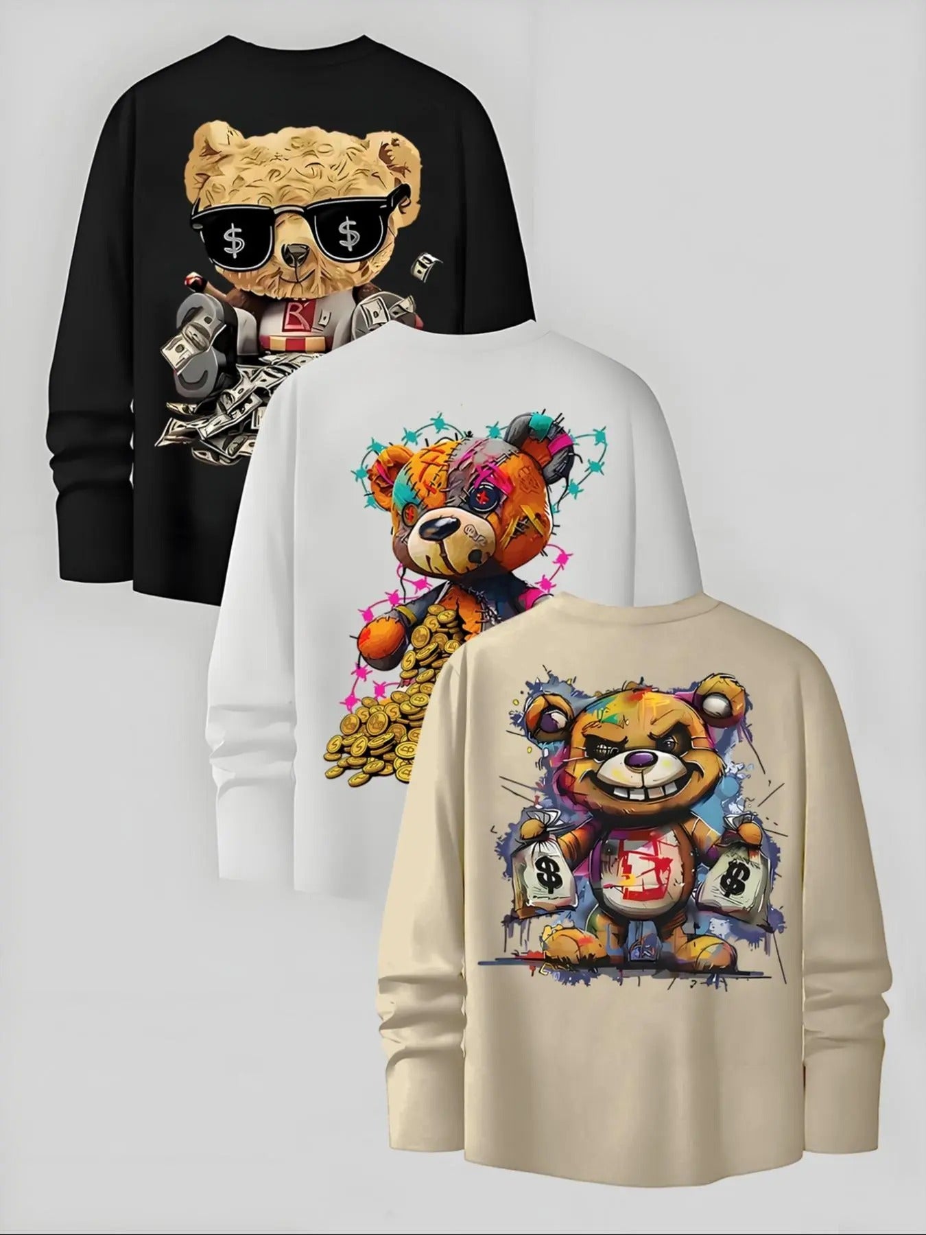 Men'WB shield Cartoon Bear Print Long Sleeve Tee (Swoosh Counts/set), Regular Fit Casual Fashion Round Neck T-shirt for...