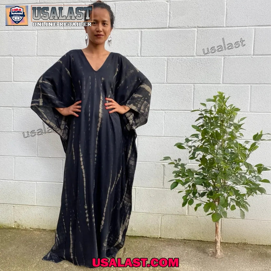 Silky Black Tie Dye Caftan Dress, Beach Wear, African Dress, Vacation Dress