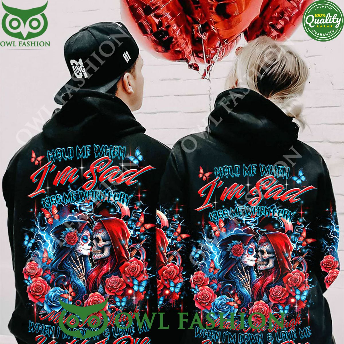 Skull Couple Holde Me I Am Sad Love Me Until I Die Skull Couple Aop Hoodie