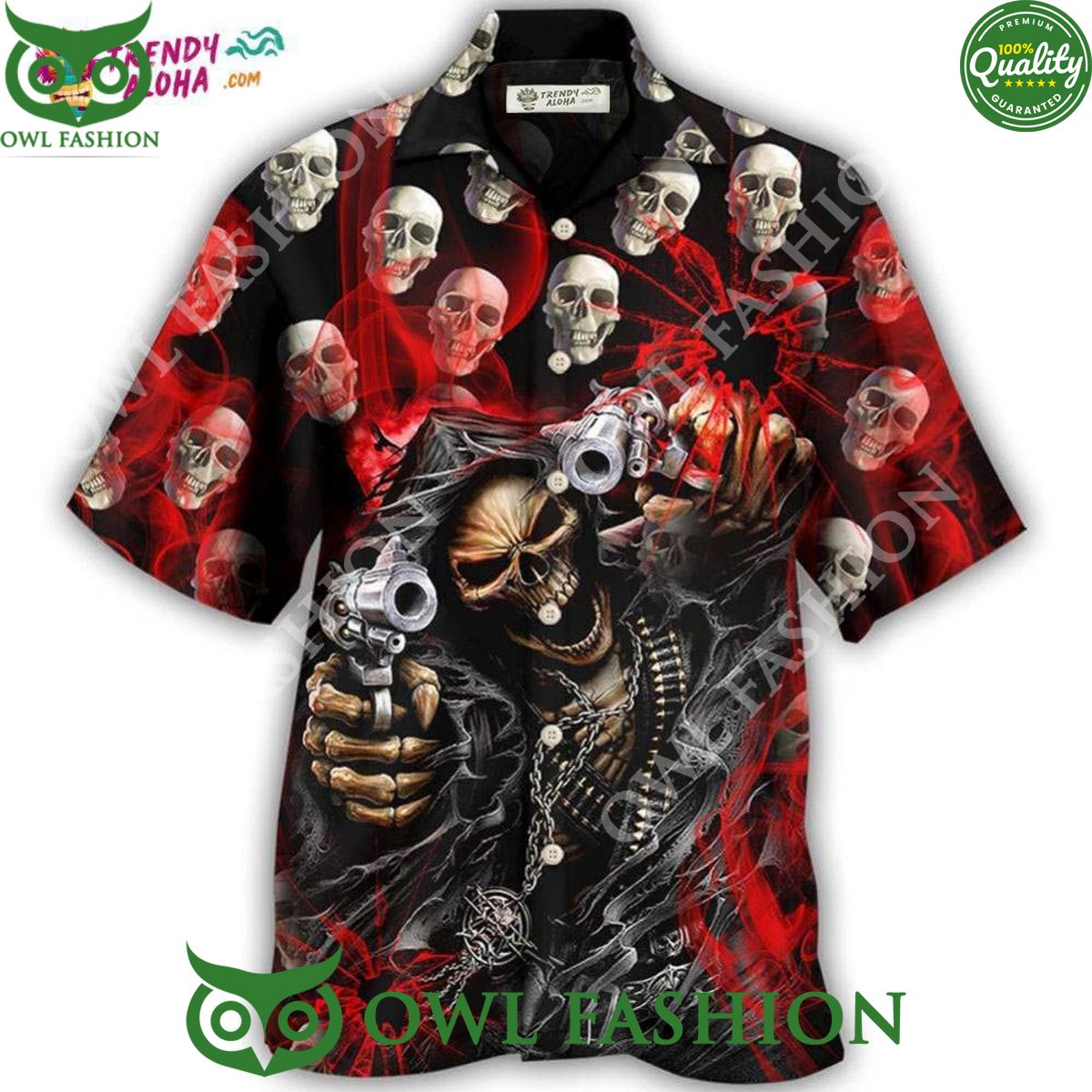 Skull Dark Gun Red Smoke Lighting Hawaiian Shirt