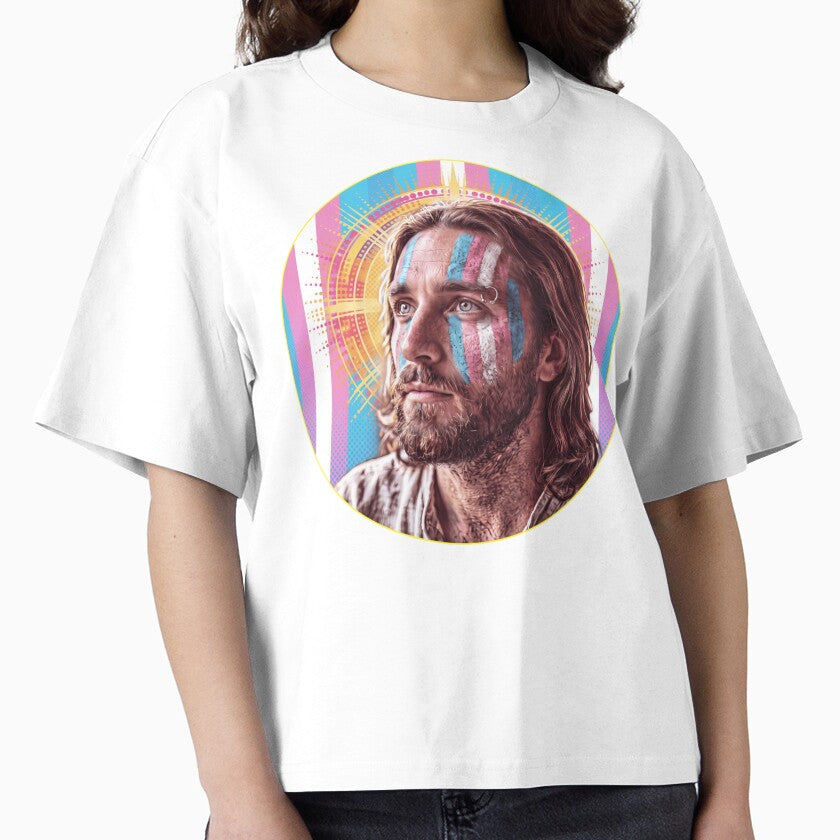 Progressive Christian Jesus painted colors of trans flag by JesusQueer