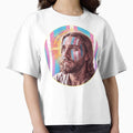 Progressive Christian Jesus painted colors of trans flag by JesusQueer