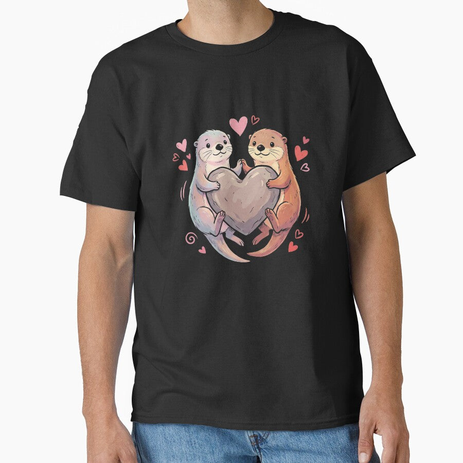 Adorable Sea Otters Couple Holding Heart Rock Art by zzz888
