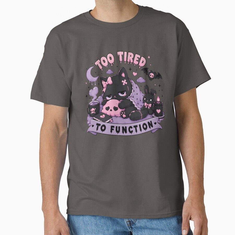 Too Tired To Function – Cute Pastel Goth Black Cat | Kawaii Gothic Aesthetic T-Shirt by JMP-Designs EU