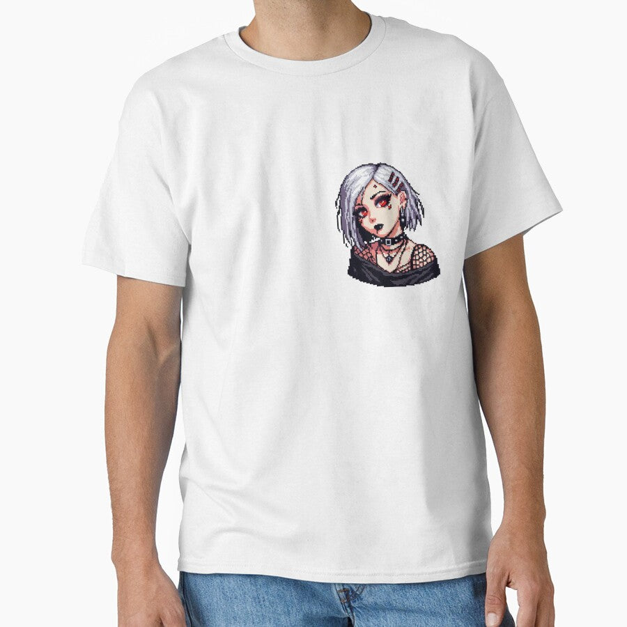 Goth girl with white hair and red eyes, pixelart by Luvrr Pixels