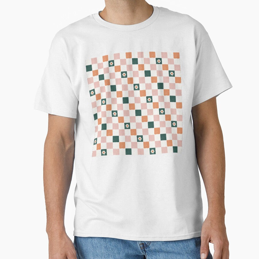 Retro Floral Checkerboard Pattern Pink Terracotta Daisy by Angie-Atelier