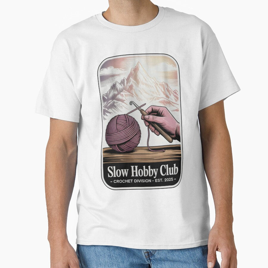 Slow Hobby Club Crochet Division Emblem with Mountains and Pink Yarn by SplashTastic