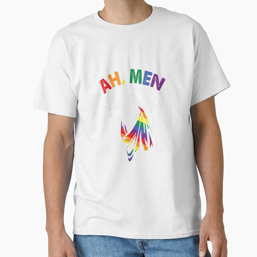 Ah Men Funny LGBT Gay Pride Jesus Rainbow Flag Christian Short Sleeve by LisaMCasares