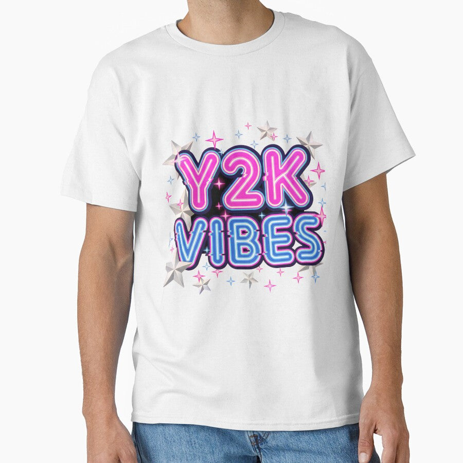 Y2K Vibes Neon Glitch Typography Retro T-Shirt by CryptoCactus