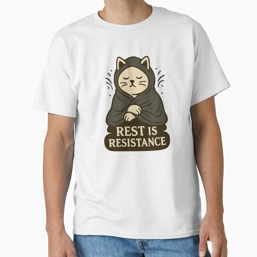 Rest Is Resistance – Minimalist Cat Wrapped in Blanket by Lacritsa