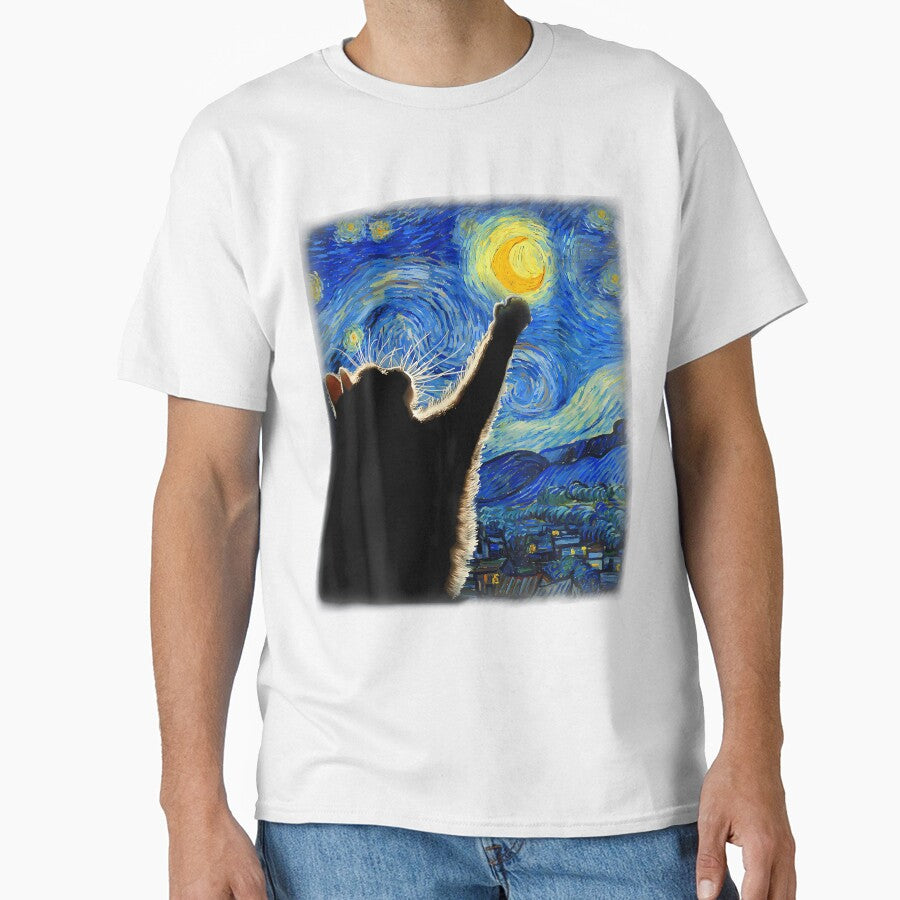 Van Gogh Starry Night Cat 	 - Classic Fit Cat Lovermomdad Gift Black Crew Neck by WalickiTwish