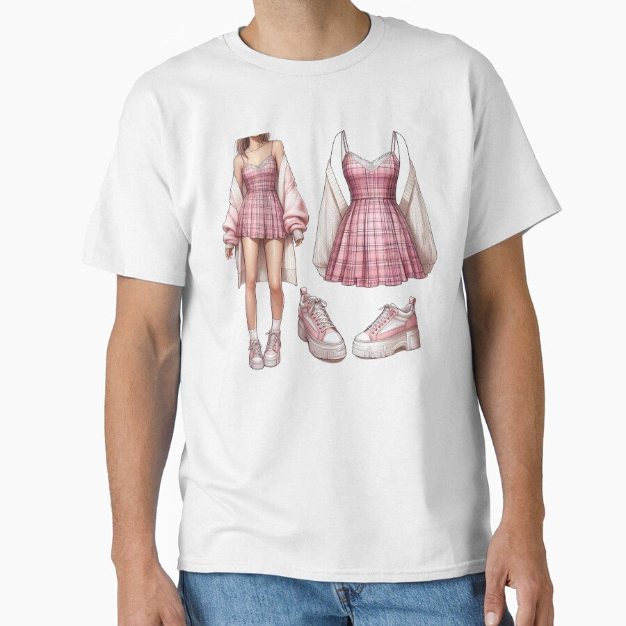 Pink Plaid Sundress - Oversized Cardigan - Y2K Fashion Drawing by AmberRoseWrites