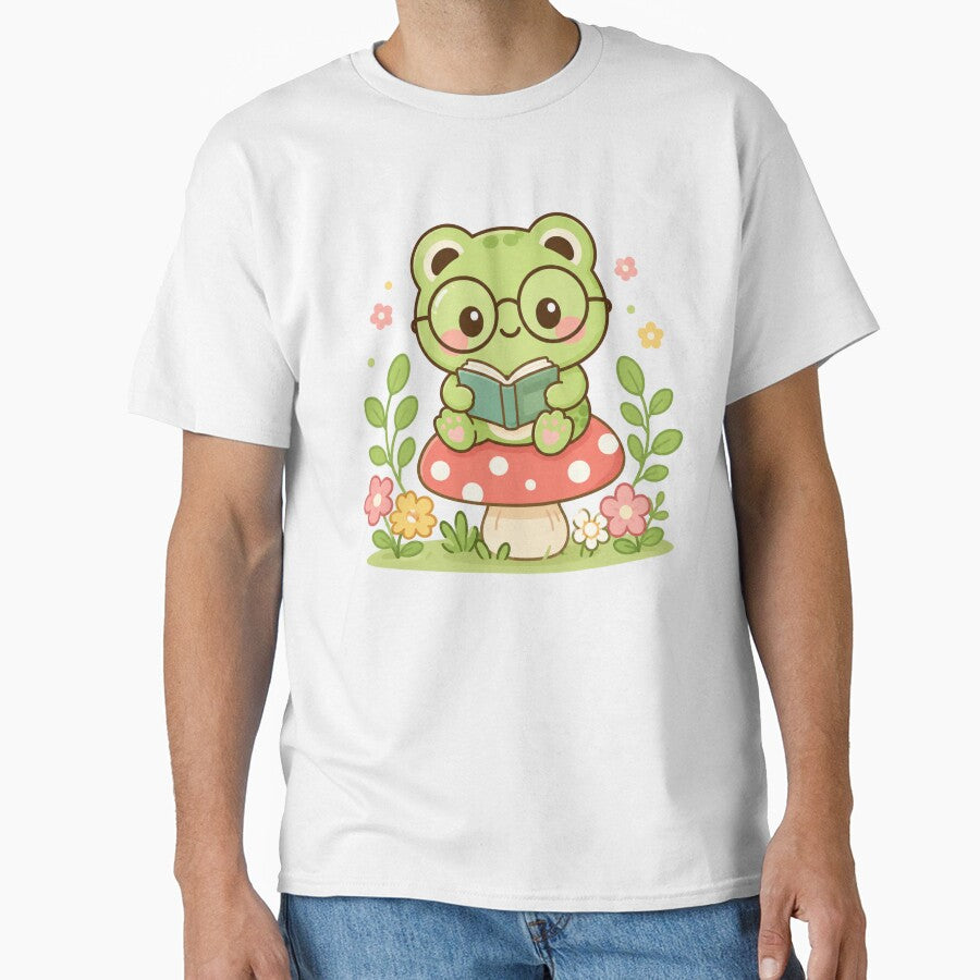 Cute Reading Frog on Mushroom Kawaii Chibi Illustration by ZyloPrints