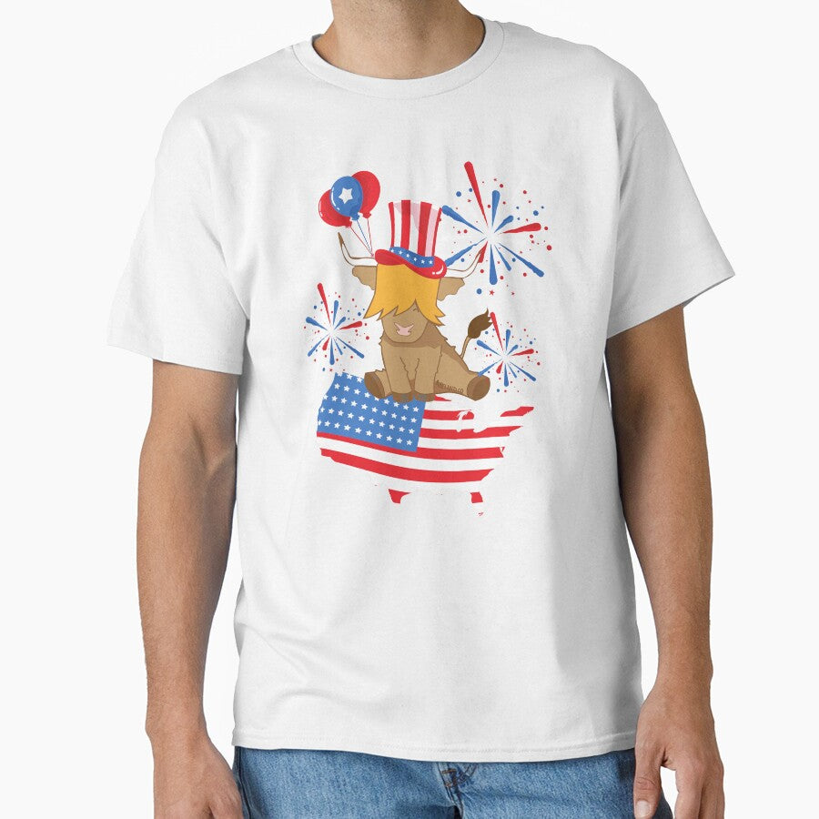 Scottish highland cow 4th of july independence celebration fireworks with USA map by Ayelandco